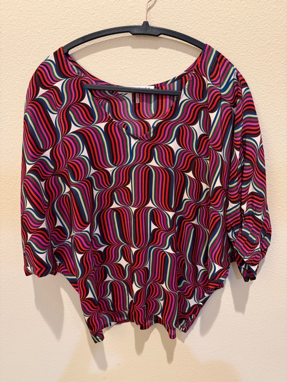 Trina Turk Silk Blouse Multicolor Wavy Stripe in Red, Pink, Teal & Navy